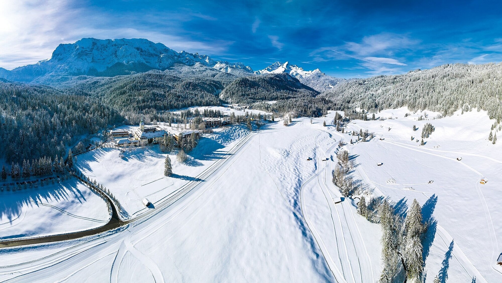 Aerial view of snowy Elmau valley, Bavarian Alps, Germany