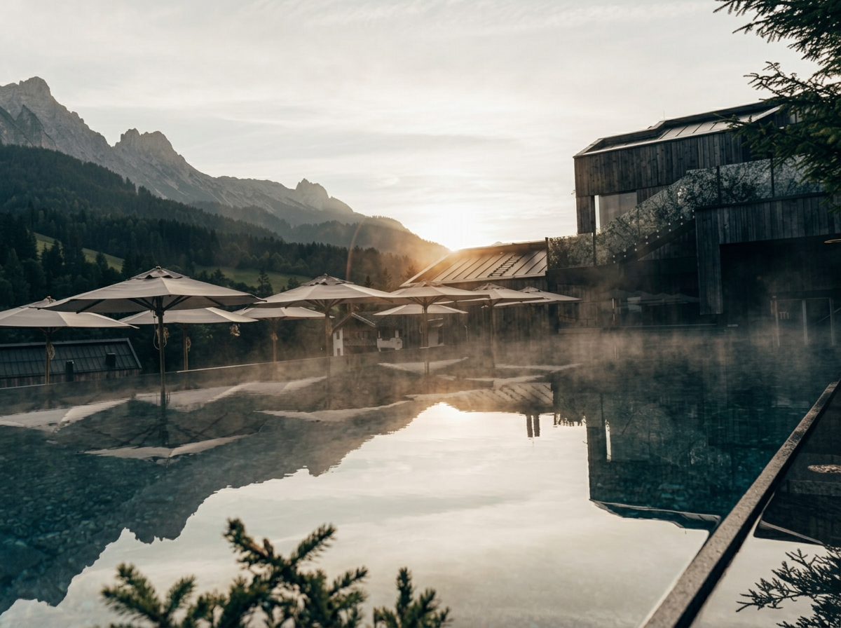 The outdoor pool area at Naturhotel Forsthofgut at sunrise, Leogang, Austria