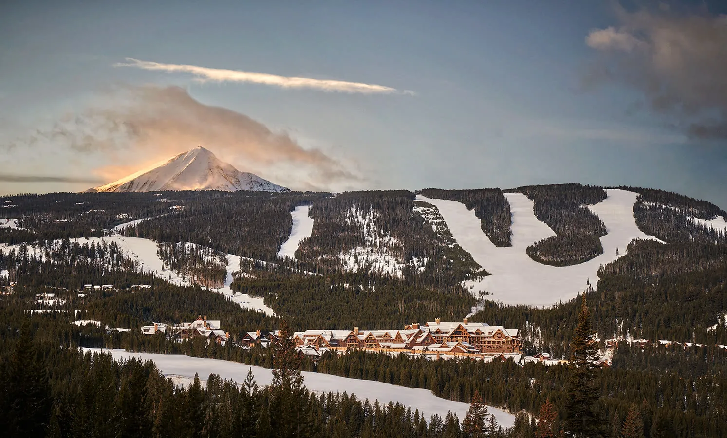 Snow-covered mountain resort exterior at Montage Big Sky, Big Sky, USA
