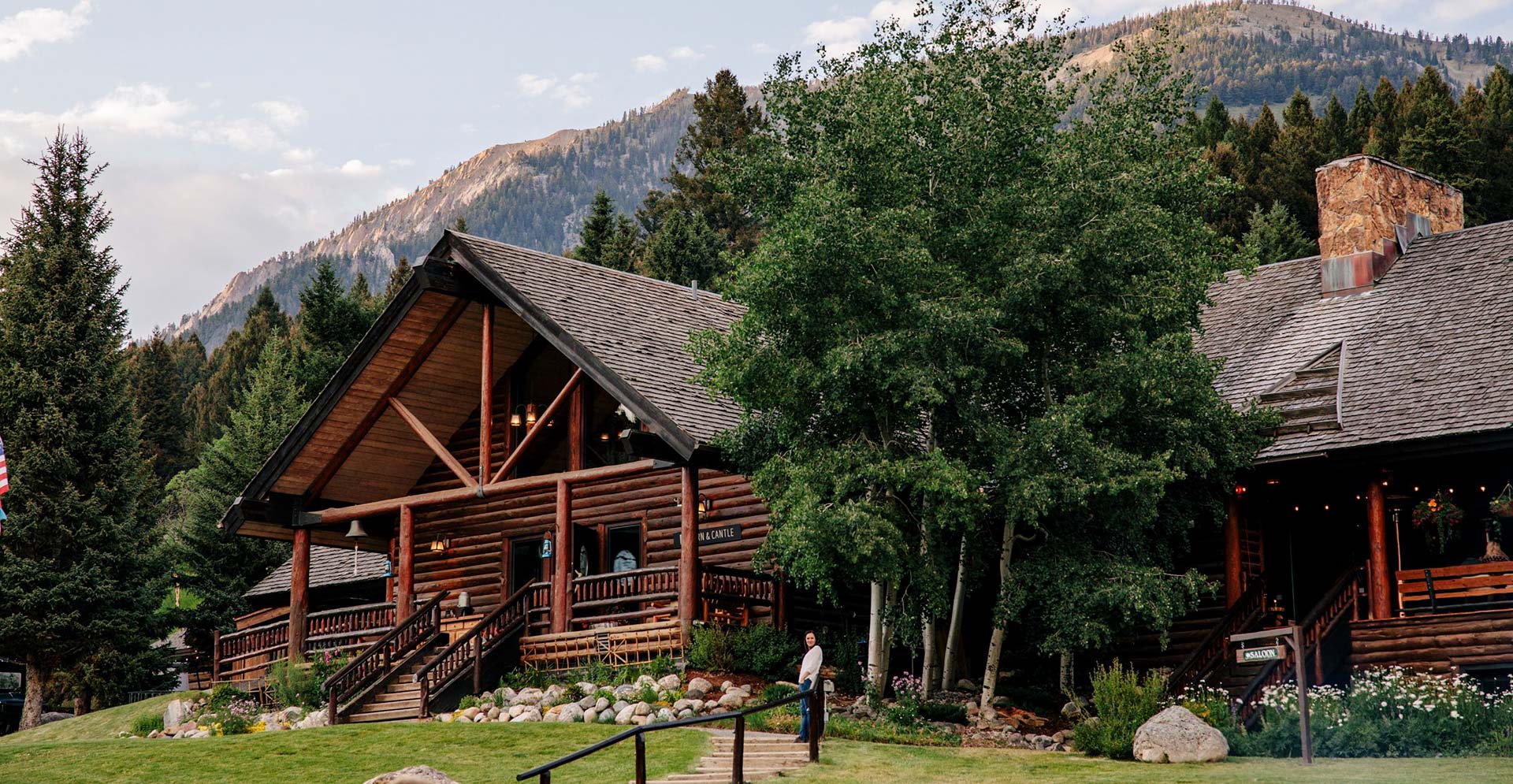 Log cabin exterior in mountain setting, Lone Mountain Ranch, Big Sky, USA