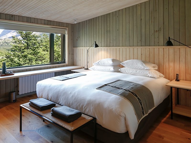 Interior of a standard guest room at Explora El Chaltén, Patagonia, Argentina