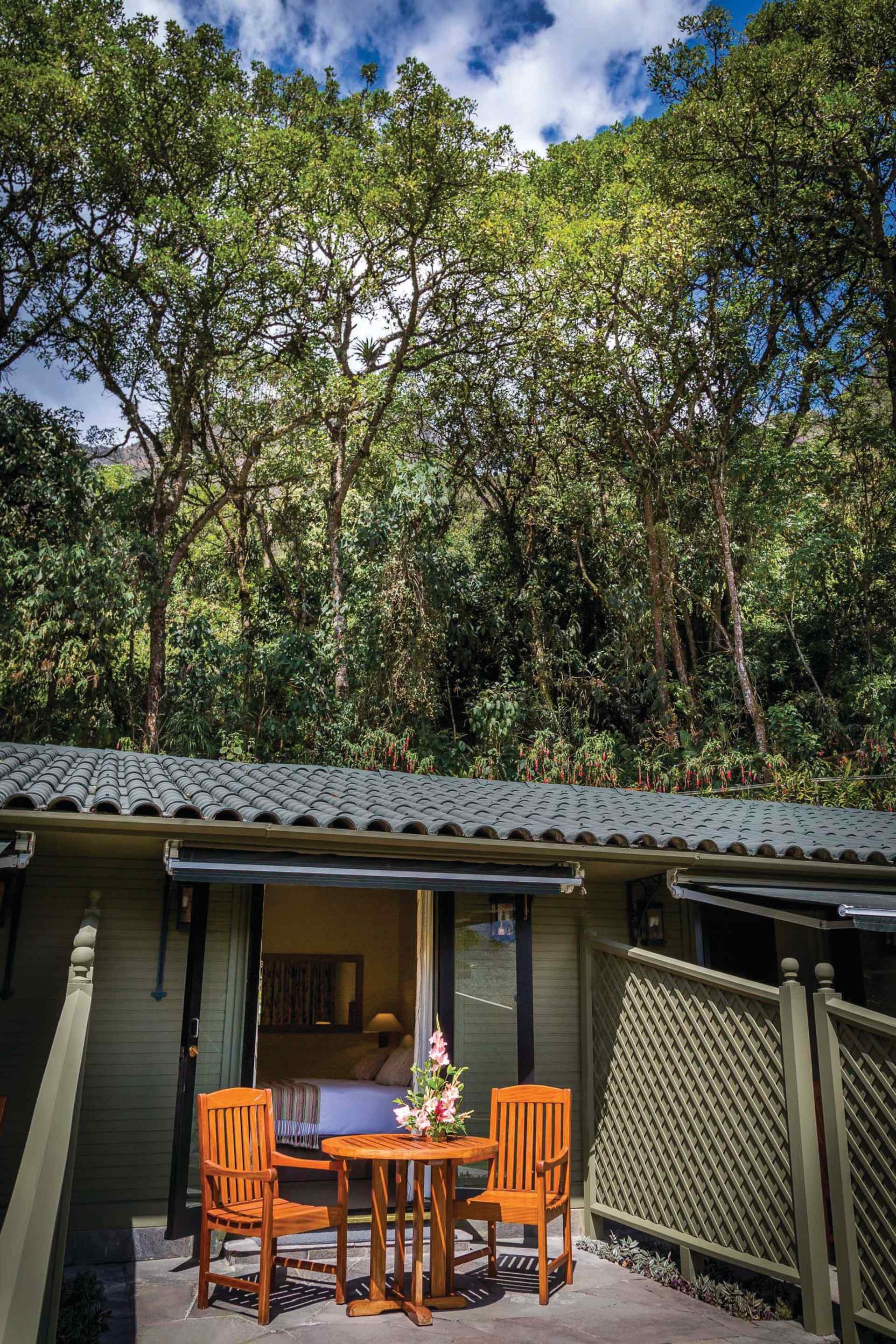 Private terrace beside a guest room at Belmond Sanctuary Lodge, Machu Picchu, Peru