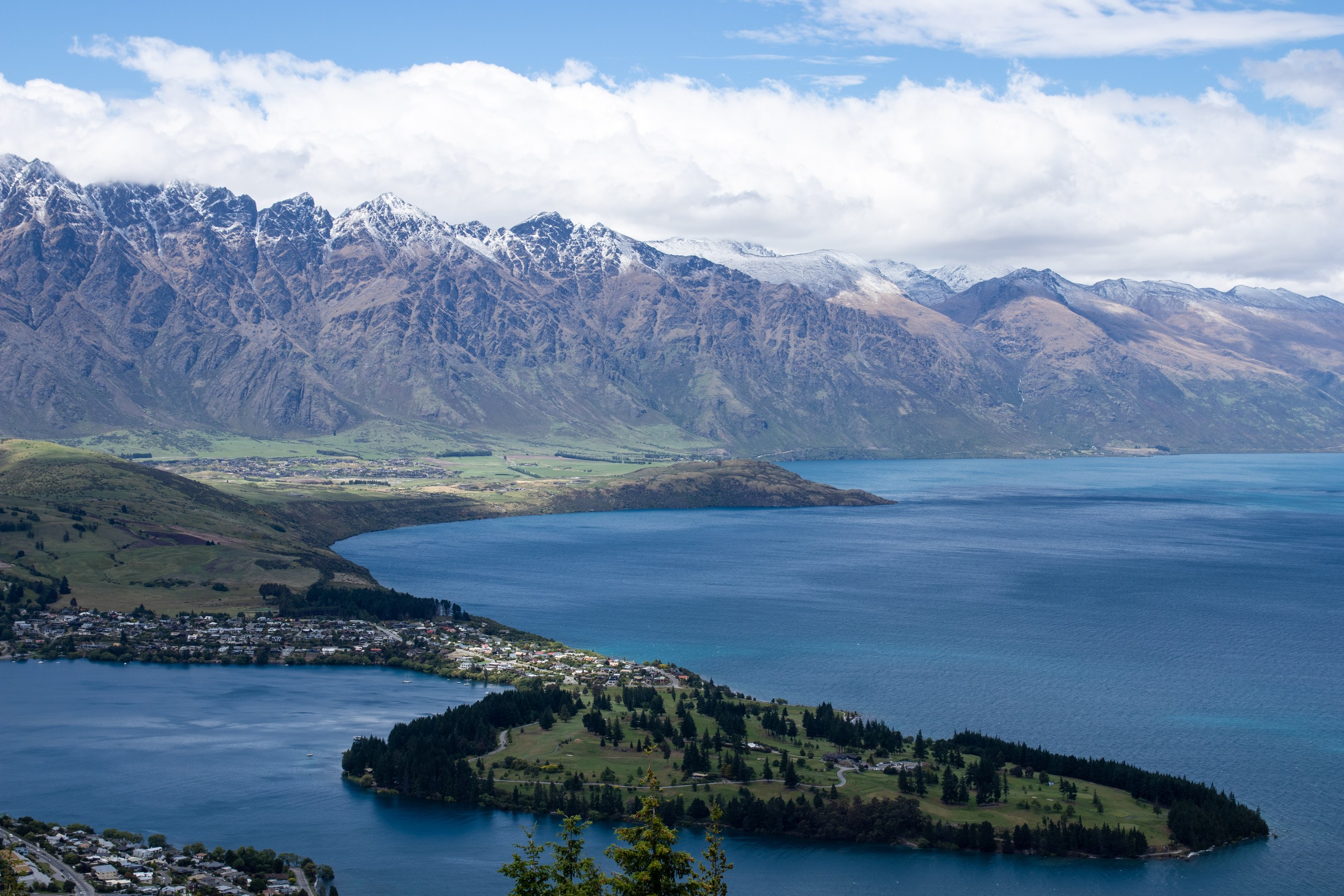 The Remarkables mountain range above Lake Wakatipu, seen from Queenstown, New Zealand