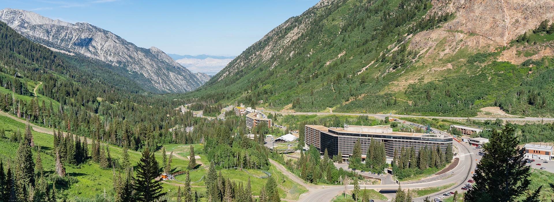 Summer mountain valley and The Cliff Lodge, Snowbird, USA