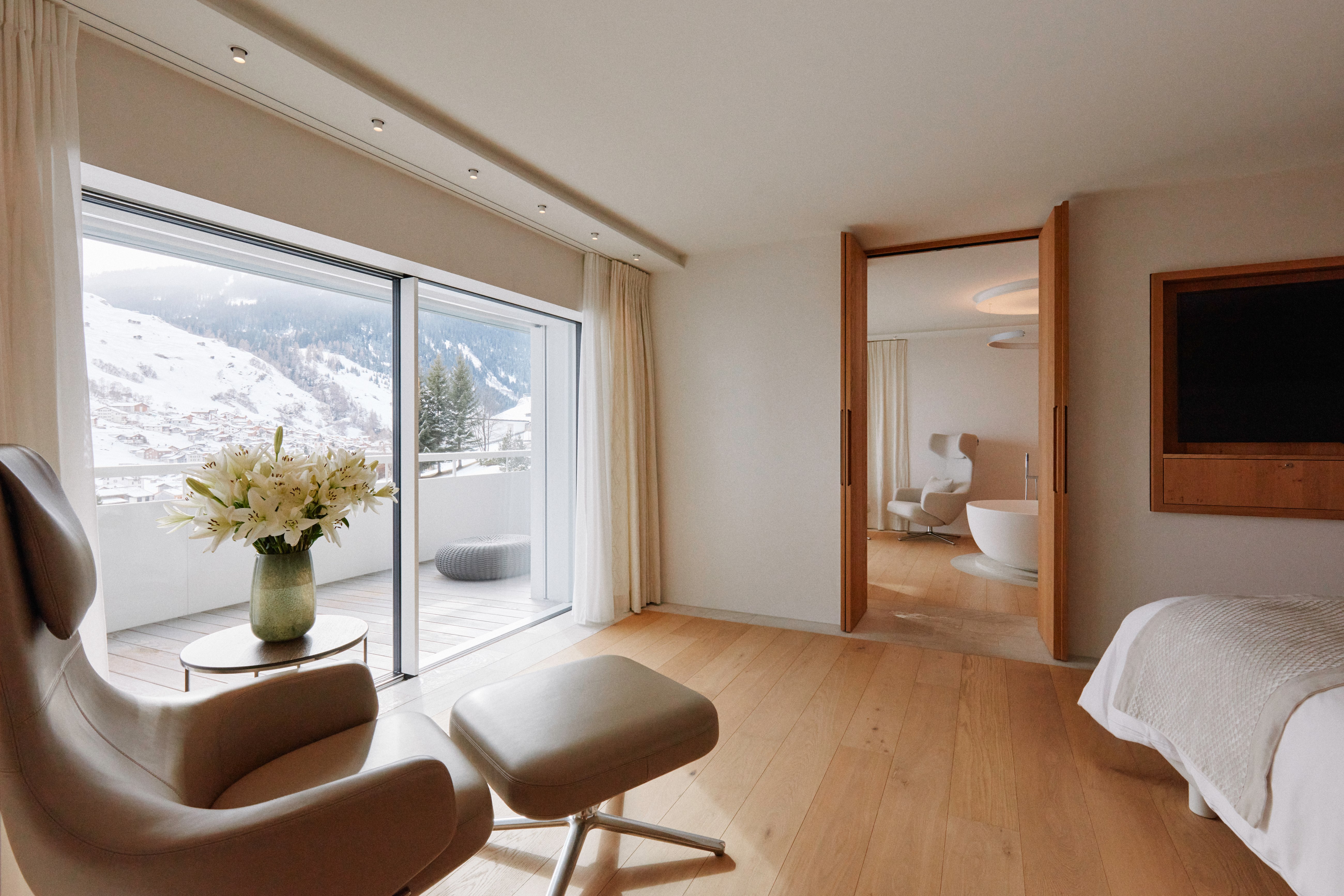Suite interior with views of the Swiss Alps at 7132 Hotel, Vals, Switzerland