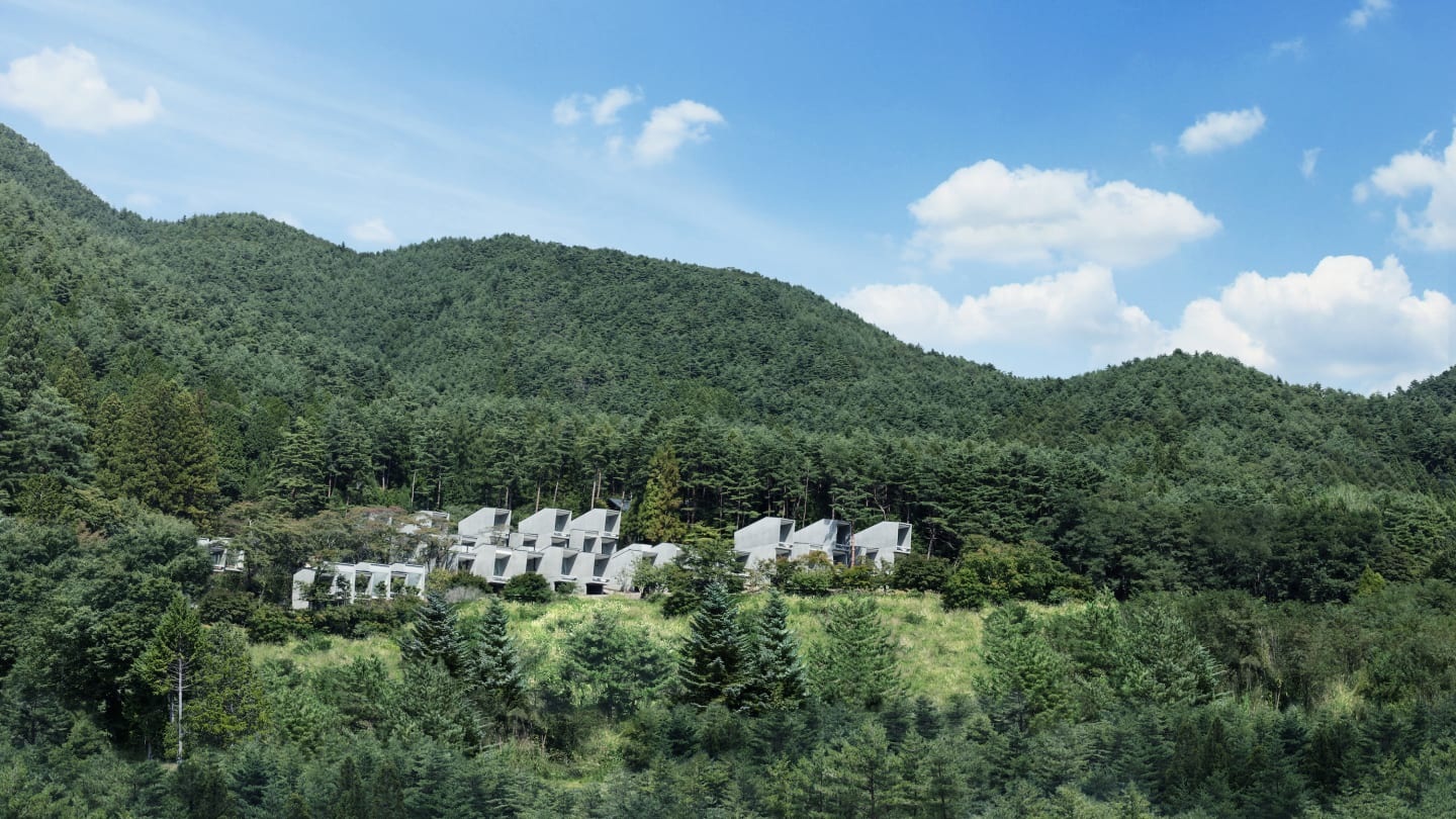 Cabins set into a forested hillside at Hoshinoya Fuji, Lake Kawaguchi, Japan