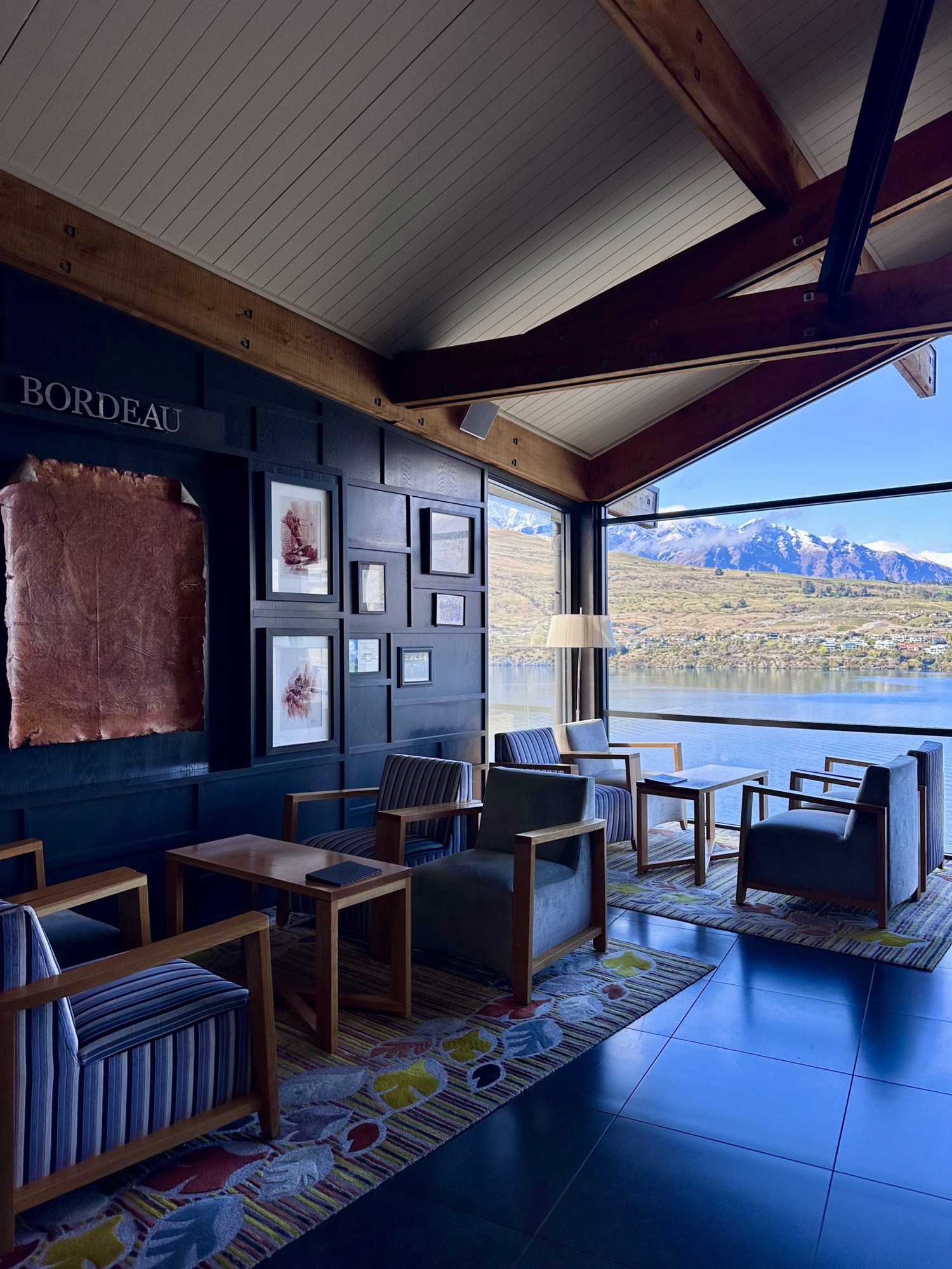 Bordeau wine bar overlooking Lake Wakatipu at The Rees Hotel
