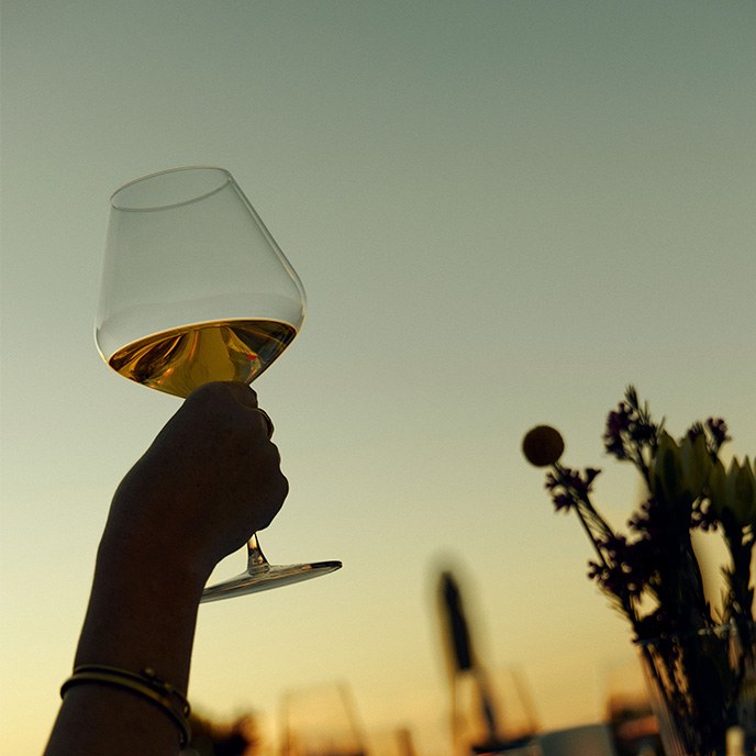 A glass of wine held up at sunset at Spicers Peak Lodge