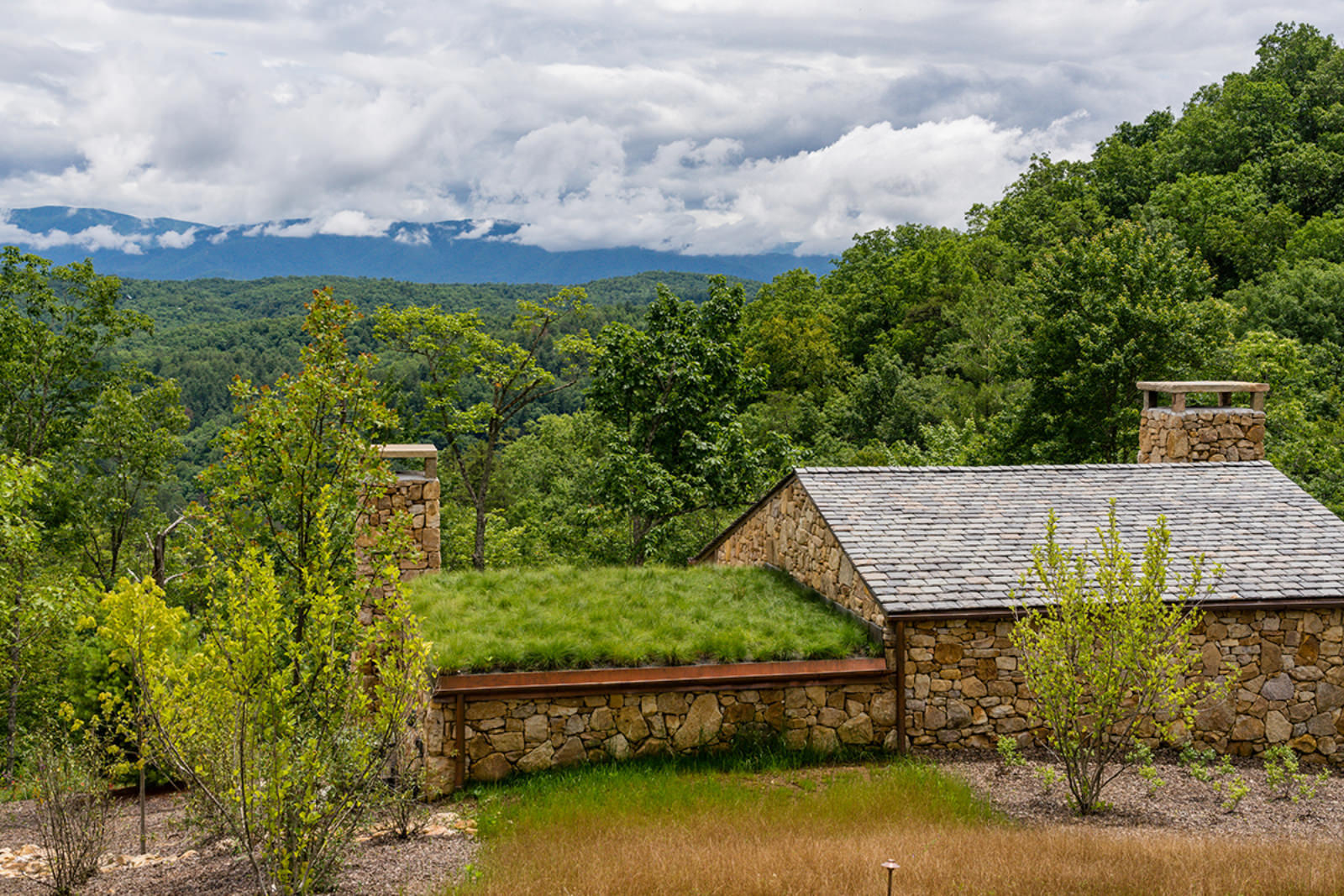 Timber cabins with planted roofs on a wooded hillside at Blackberry Mountain, Walland, USA