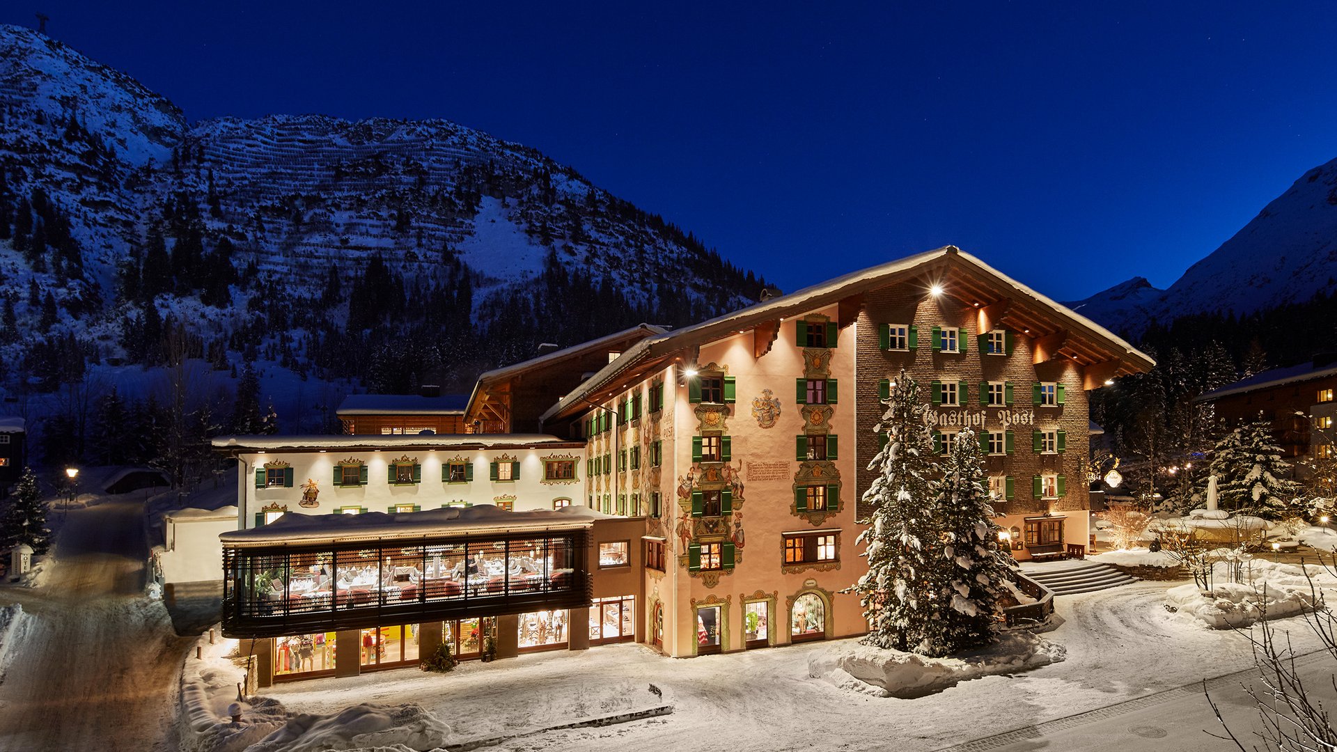 Post Lech Arlberg at dusk in winter, Lech, Austria