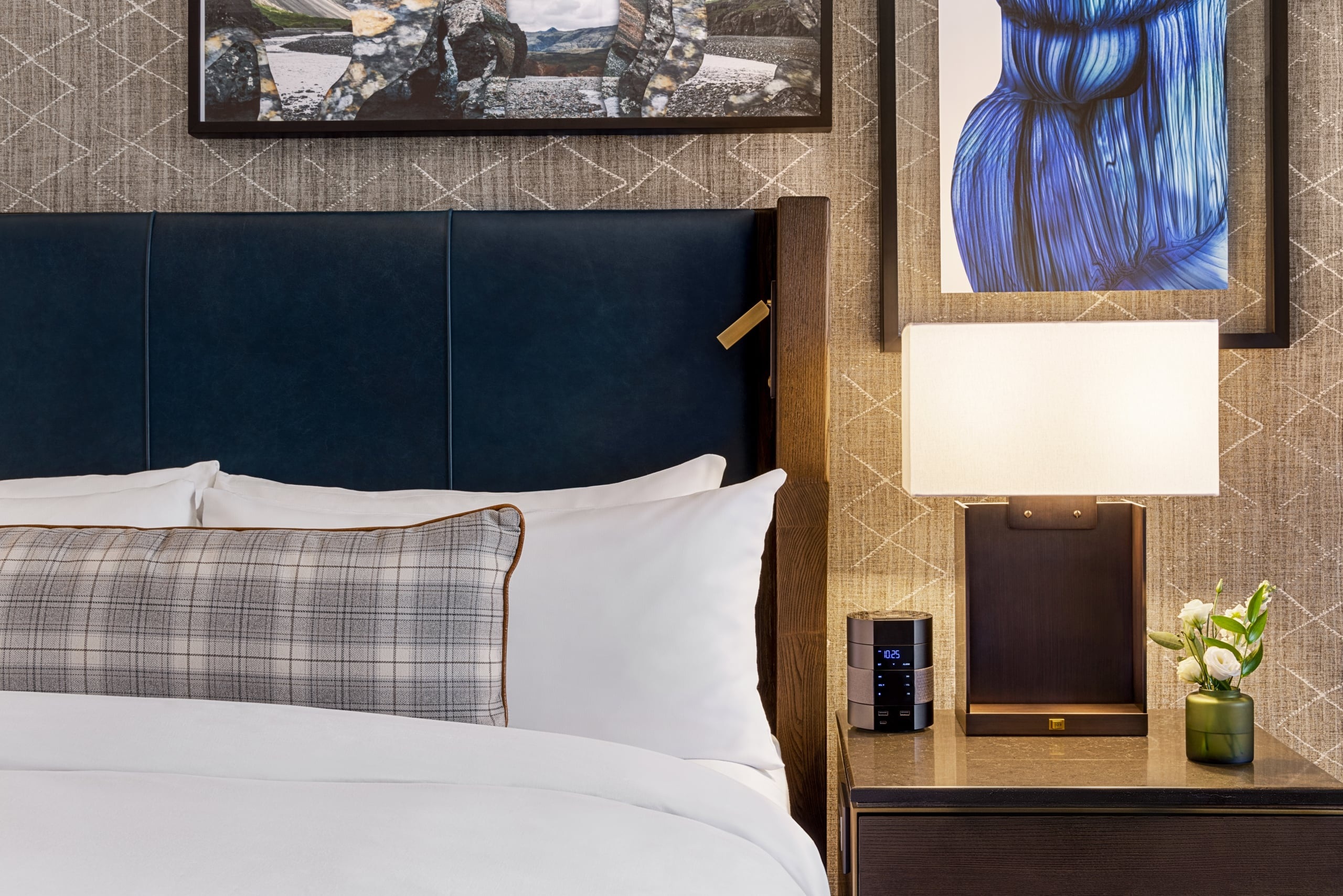 Guest-room bed and bedside furnishings at Fairmont Banff Springs, Banff, Canada