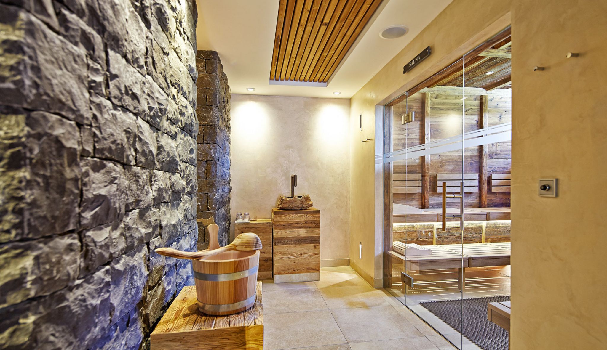 Spa cold-water bucket shower and wellness corridor, Hotel Tannenhof, St. Anton am Arlberg, Austria