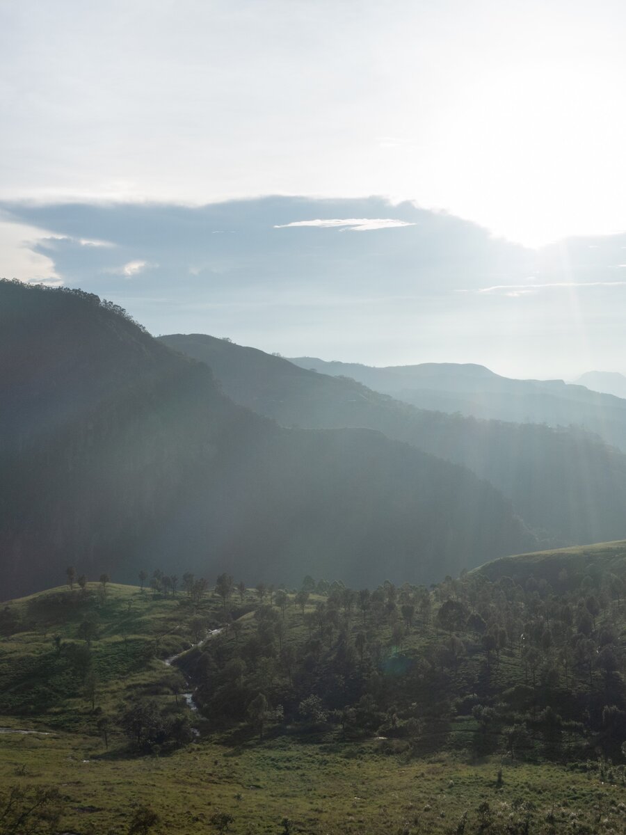 Misty mountain ridges above the tea country near Thotalagala, Haputale, Sri Lanka