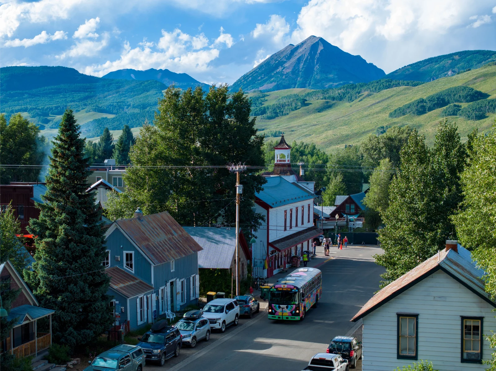 Aerial view over Crested Butte and the Rocky Mountain setting near Eleven Scarp Ridge Lodge.