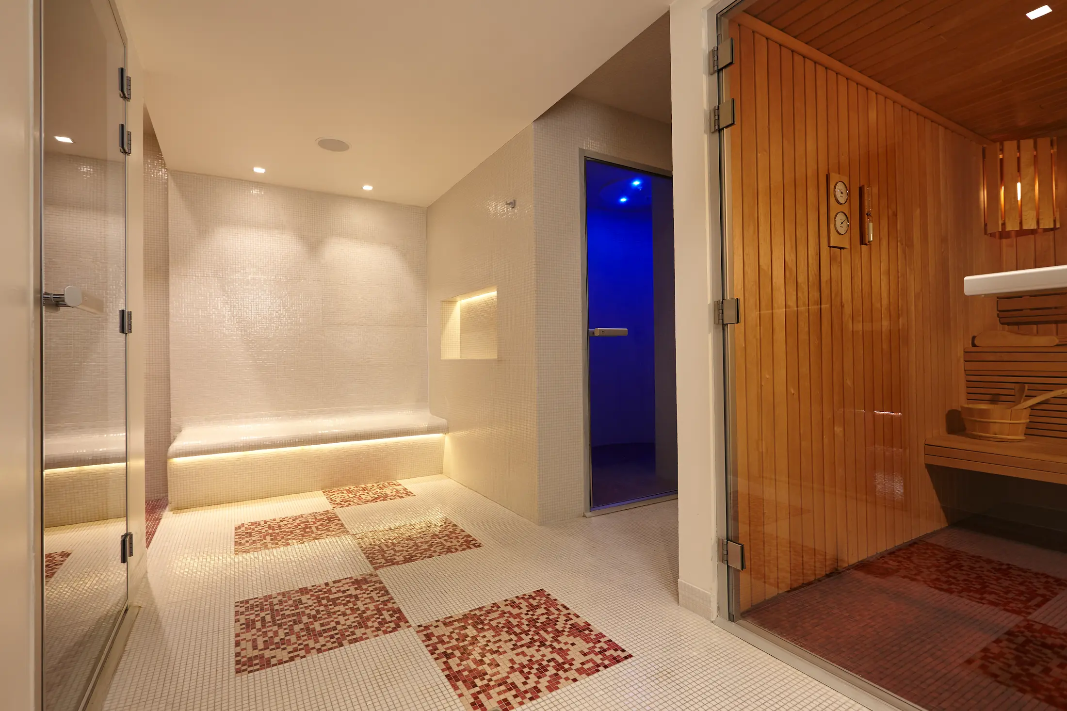 Spa relaxation area and wooden sauna at Hôtel Mont-Blanc, Chamonix, France
