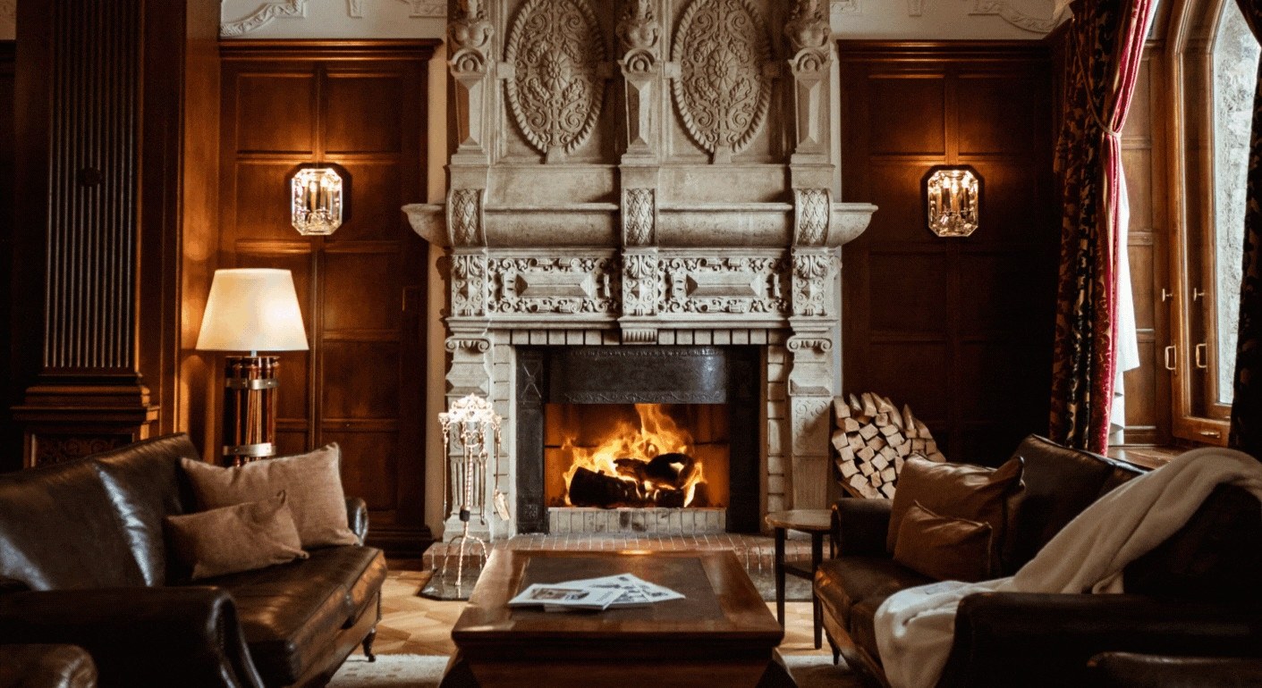 Leather sofas beside the ornate carved fireplace in the lounge, Carlton Hotel St. Moritz, St. Moritz, Switzerland