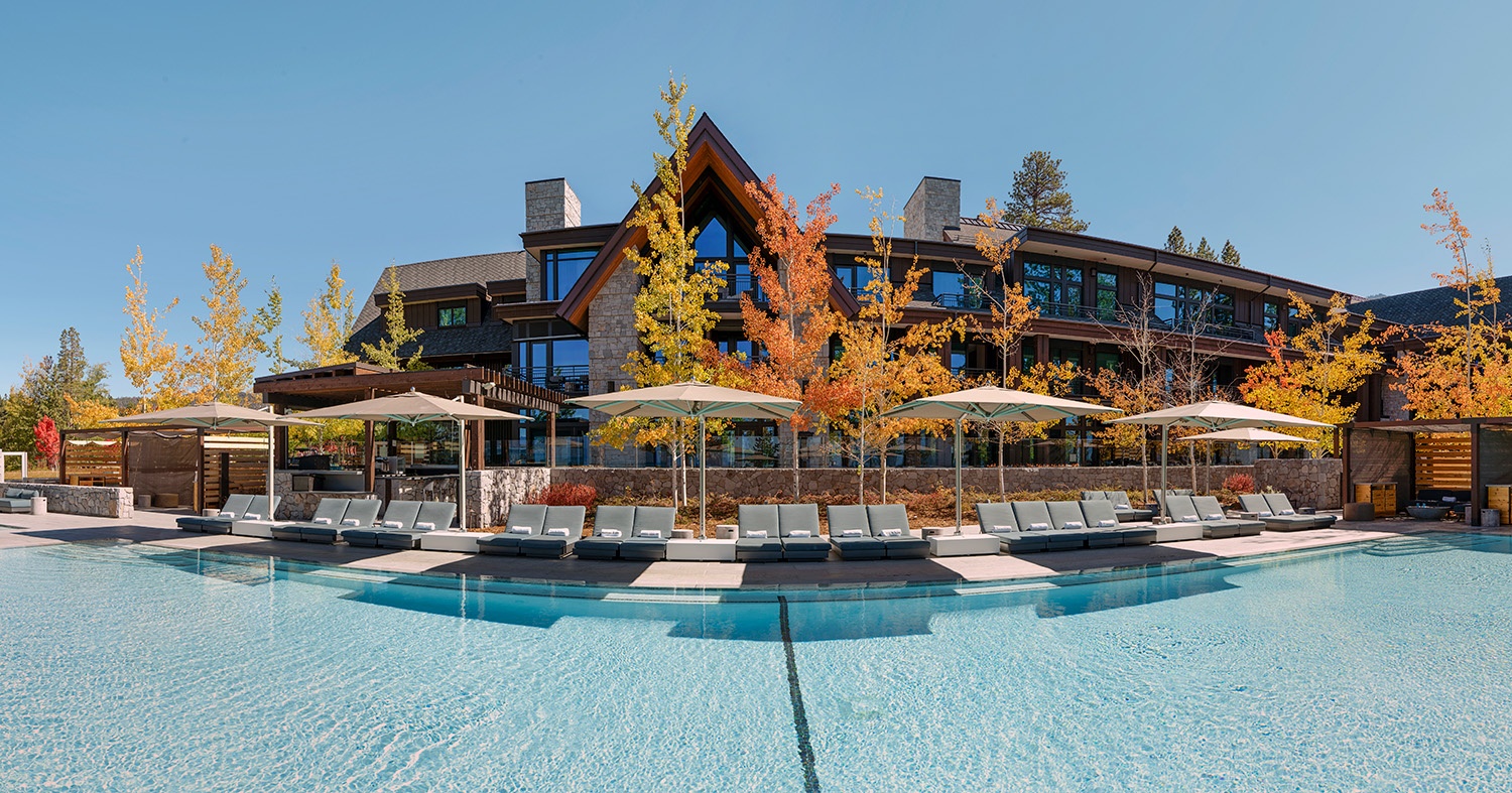 Outdoor swimming pool beside the lodge in autumn at Edgewood Tahoe Resort, Stateline, USA