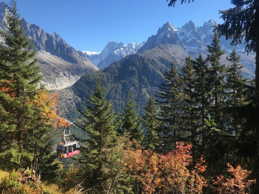 Cable car above an Alpine forest and rocky mountain peaks, Grand Hôtel des Alpes, Chamonix, France