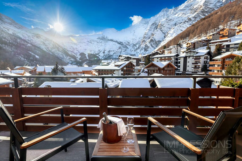 Winter mountain view from a room balcony at The Capra, Saas-Fee, Switzerland
