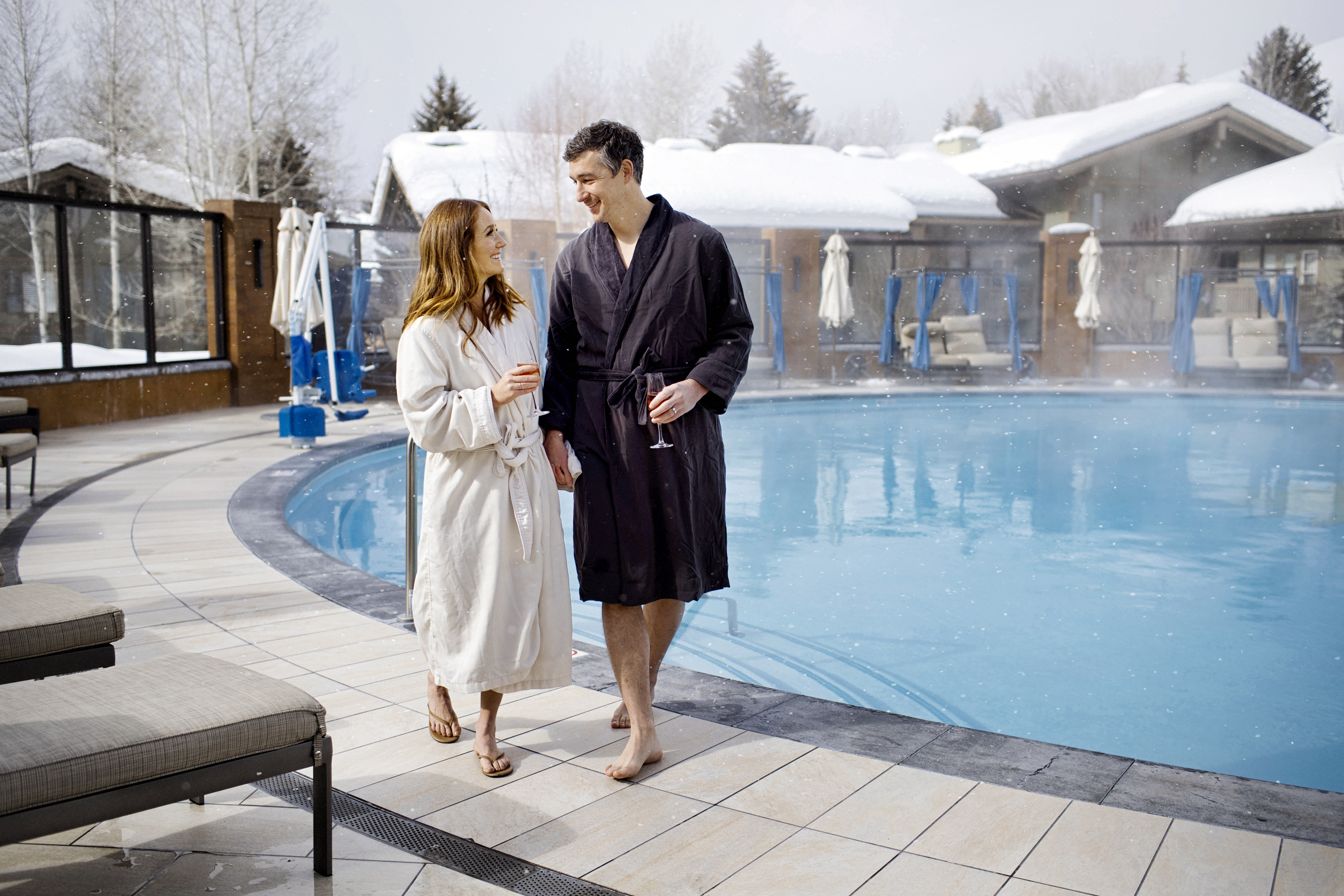 Heated outdoor lodge pool in winter, Sun Valley Lodge, Sun Valley, USA