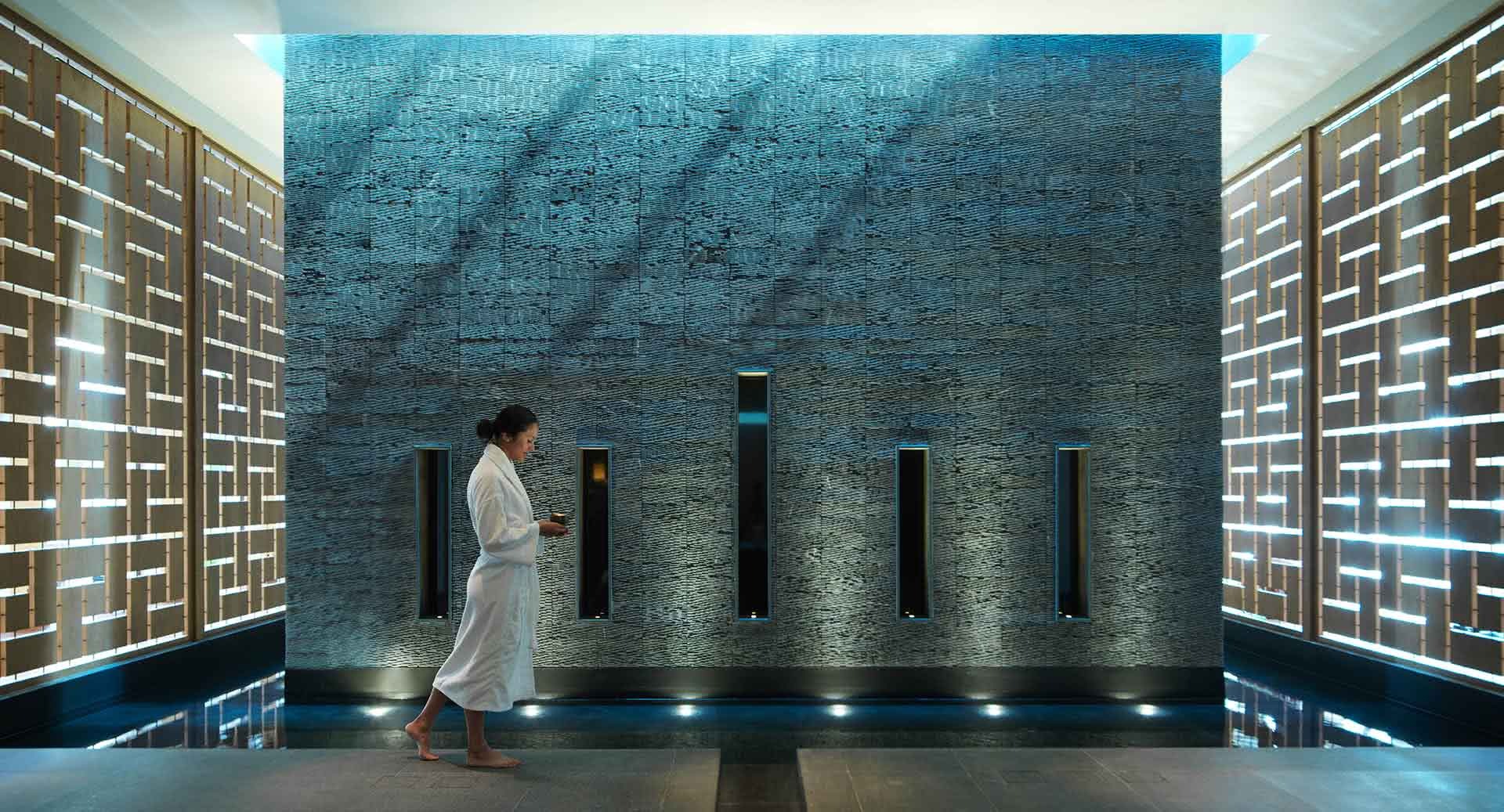 Spa water feature beneath a blue mosaic wall, Anantara Al Jabal Al Akhdar, Jebel Akhdar, Oman