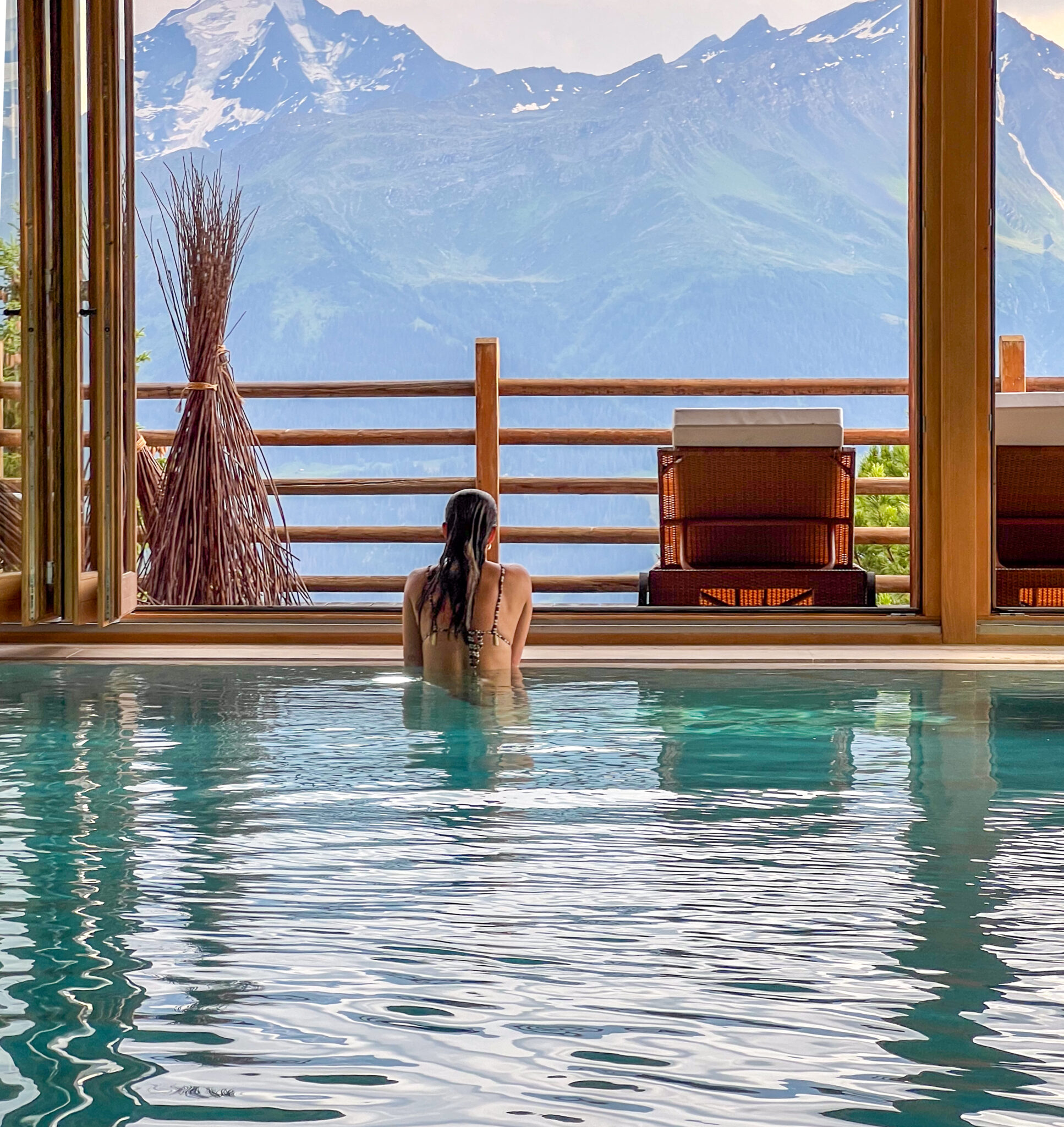 Indoor pool and mountain-view relaxation terrace, Chalet d'Adrien, Verbier, Switzerland
