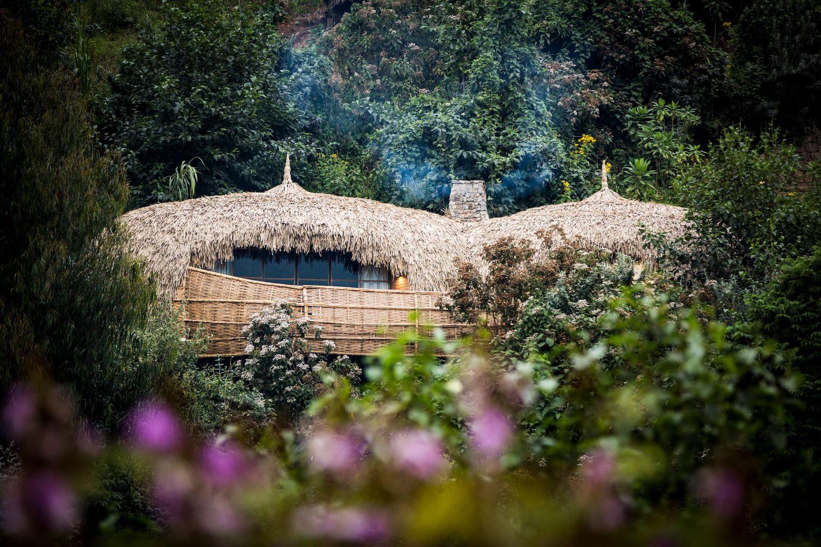Rounded thatched villa exterior surrounded by forest, Bisate Lodge, Volcanoes National Park, Rwanda