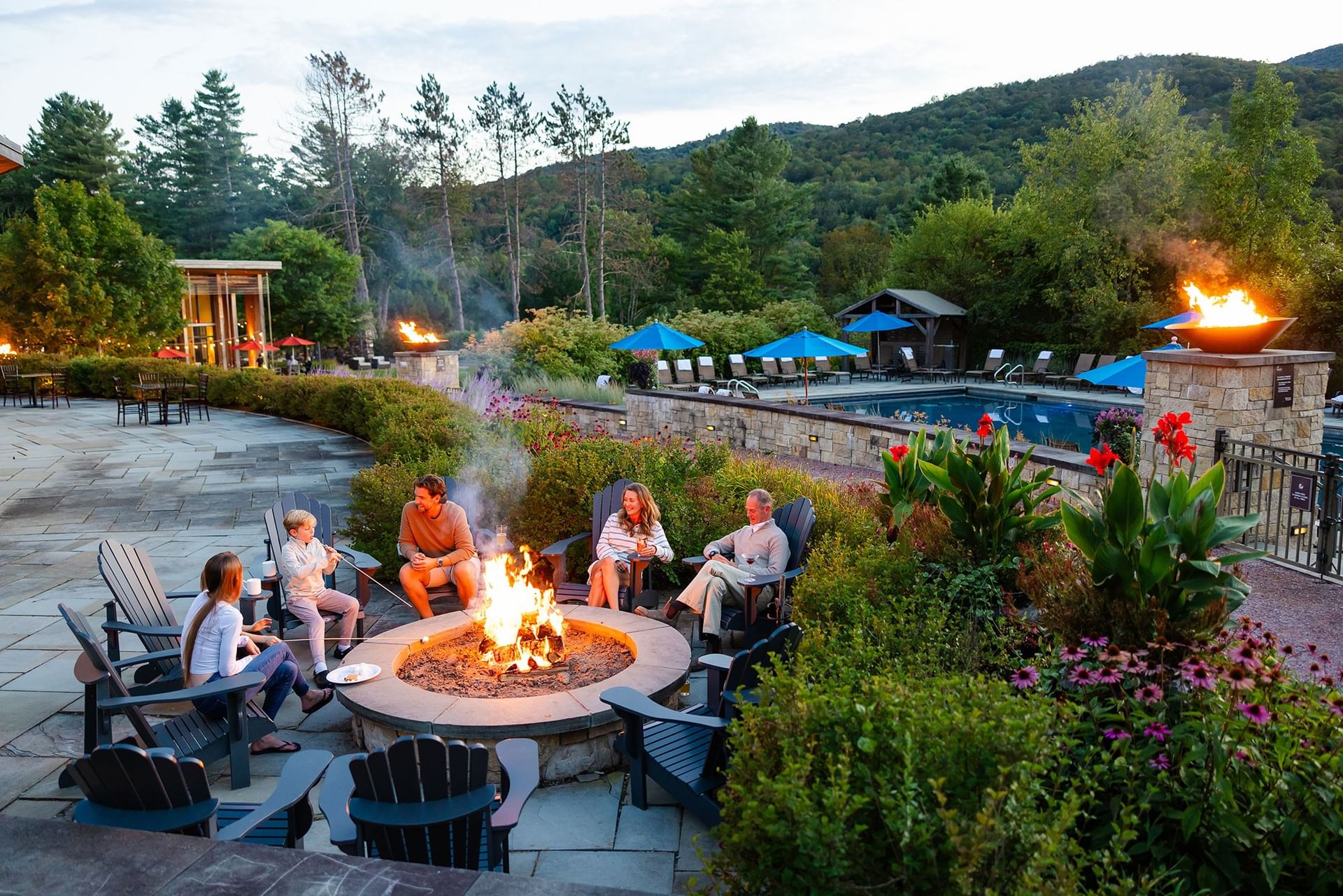 Poolside fire pit and mountain views, Topnotch Resort, Stowe, USA