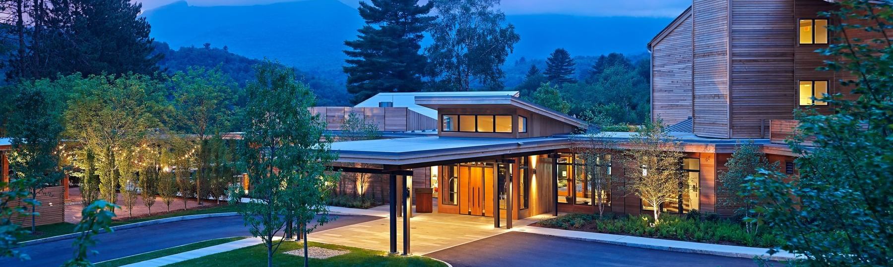 Hotel entrance at dusk, Topnotch Resort, Stowe, USA