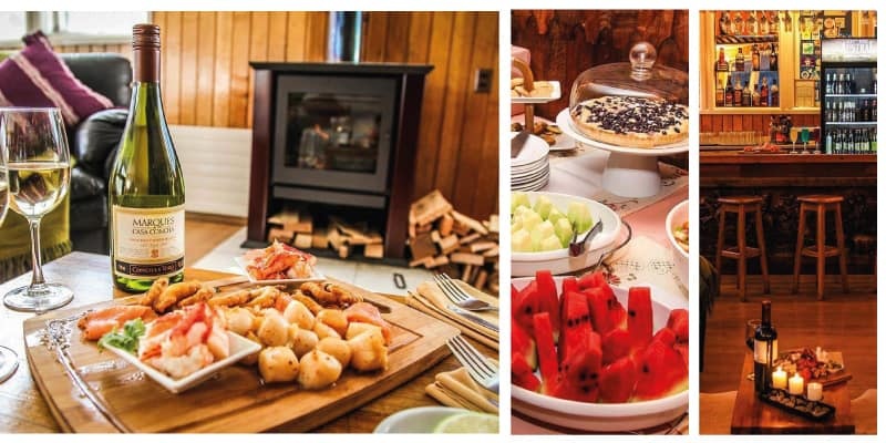 Collage of food, a dining table and bar shelves at Hostería Pehoé, Torres del Paine, Chile