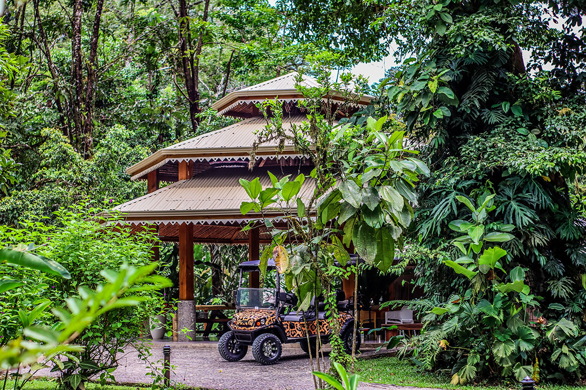 Multi-level wooden lodge exterior nestled in lush jungle, Pacuare Lodge, Pacuare River, Costa Rica