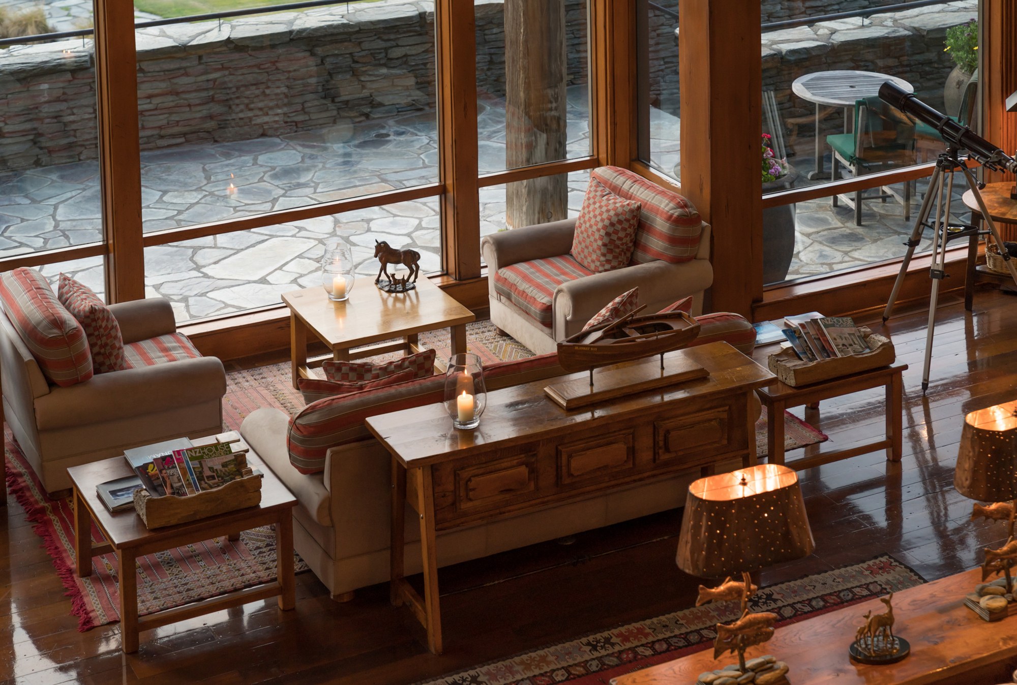 Stone and timber main lodge overlooking Lake Wakatipu at Blanket Bay