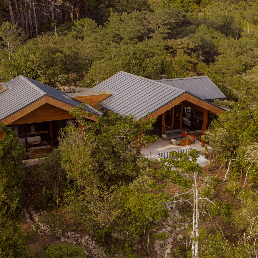 Aerial view of chalet buildings on a forested hillside, Hotel Belmar, Monteverde, Costa Rica