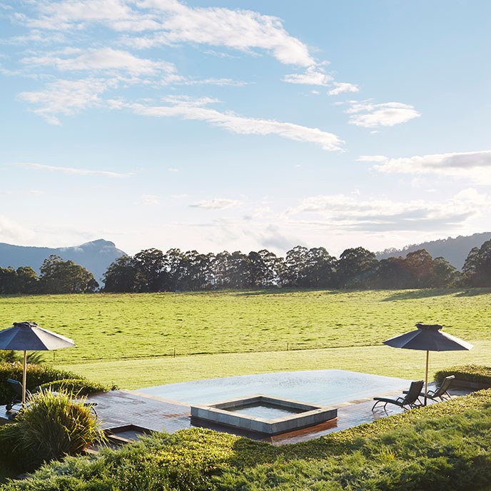 Swimming pool and lawns overlooking the Scenic Rim at Spicers Peak Lodge