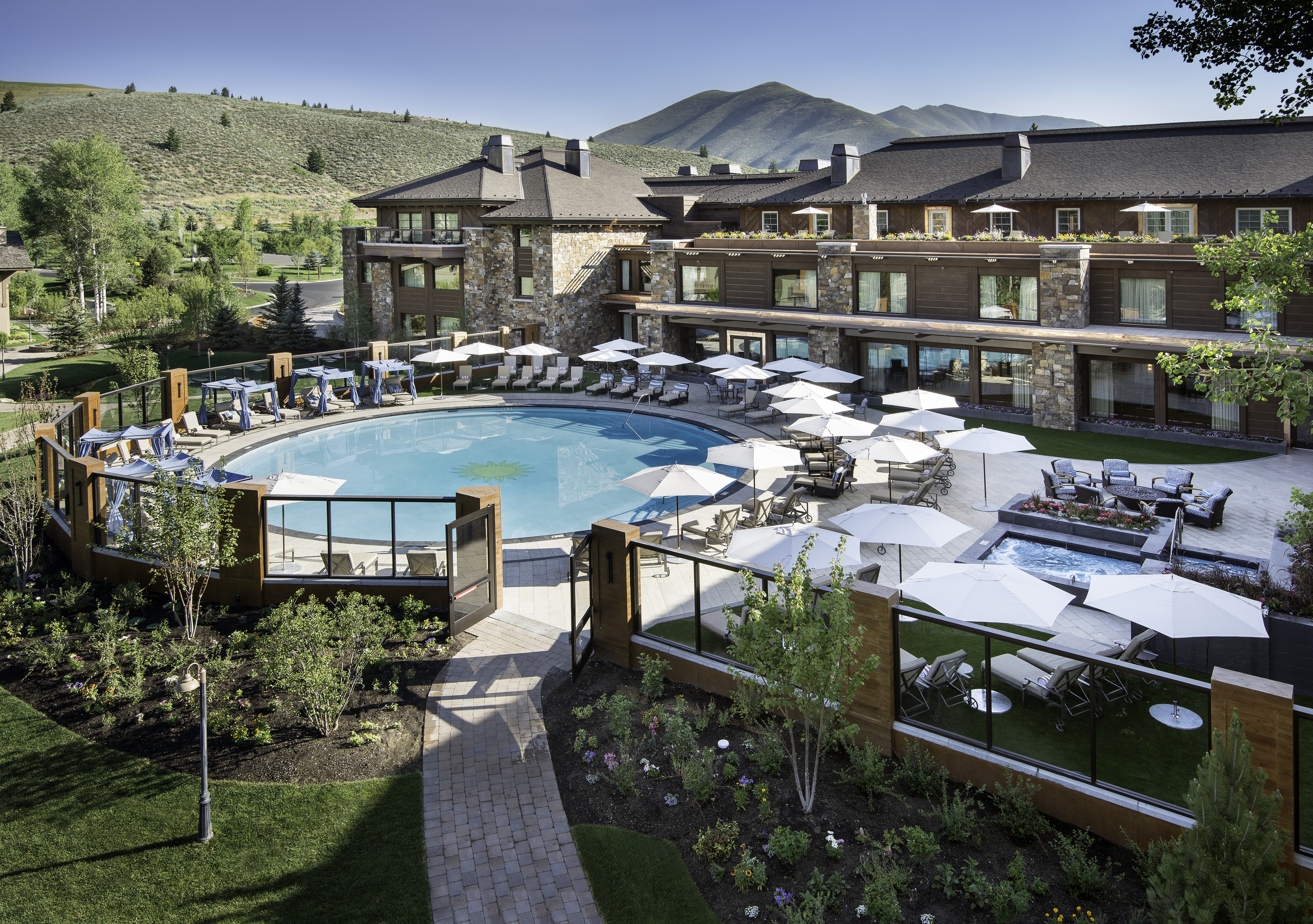 Outdoor lodge pool and surrounding deck, Sun Valley Lodge, Sun Valley, USA
