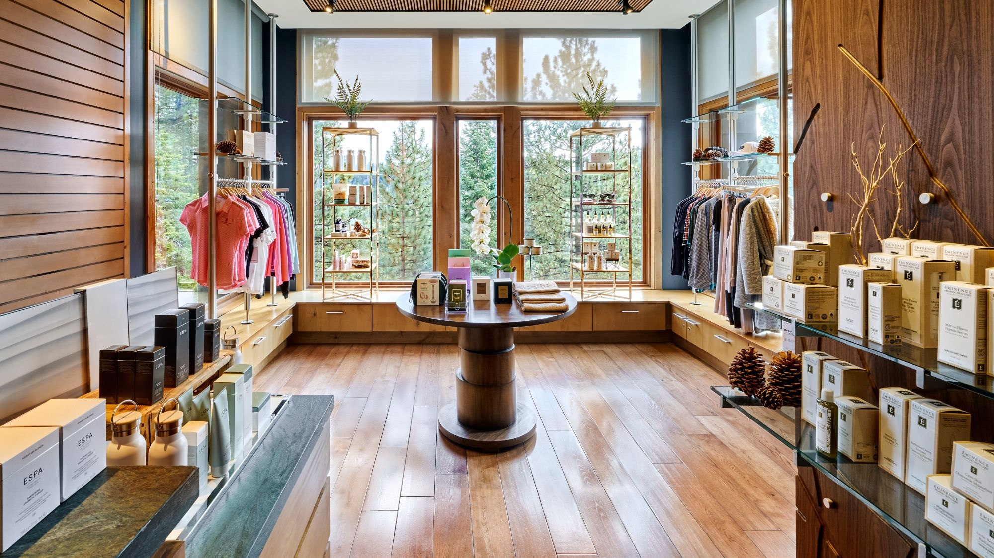 Spa interior with large windows looking onto the trees at The Ritz-Carlton, Lake Tahoe, Northstar, USA
