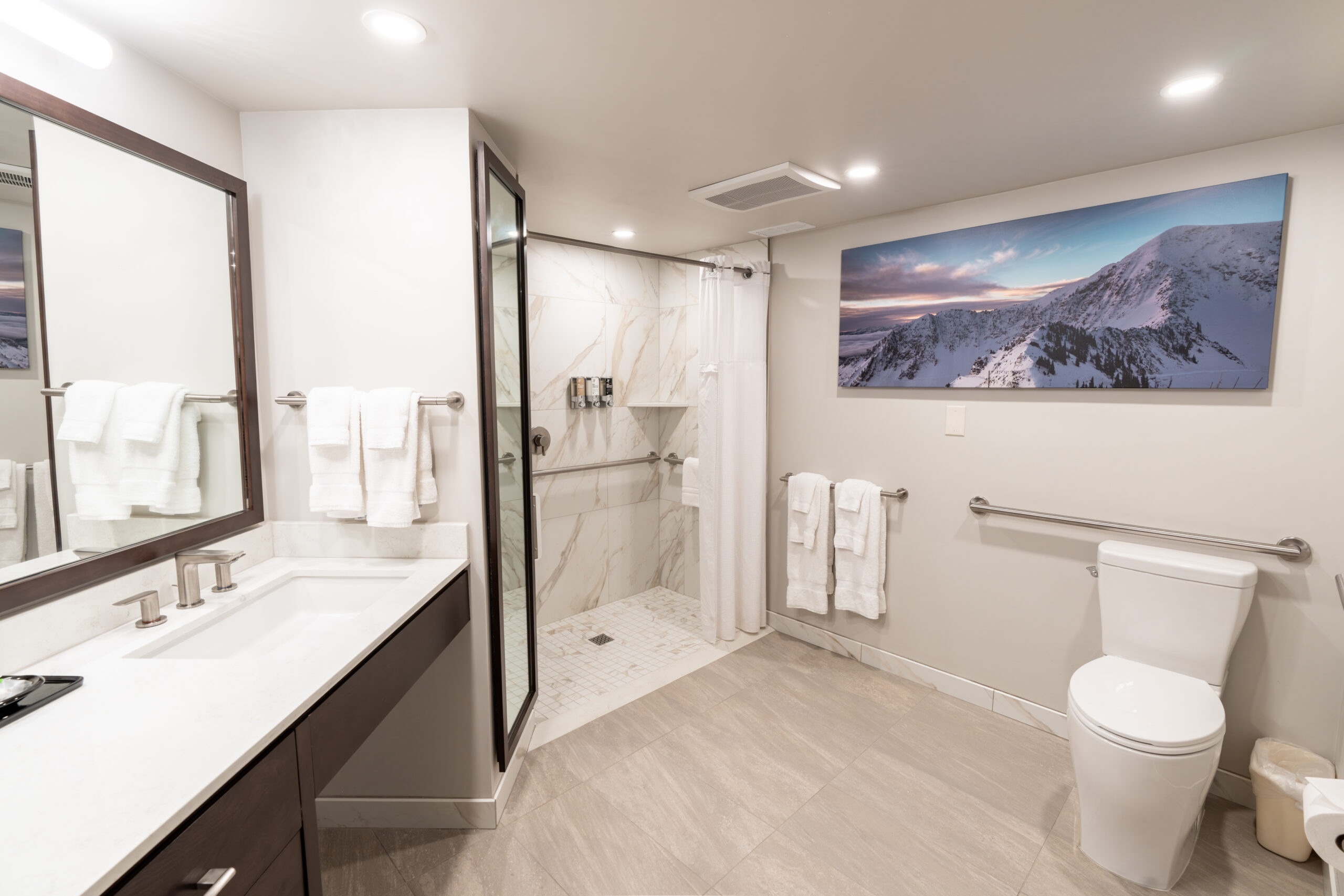 Cliff Club bathroom with shower and vanity, Snowbird, USA
