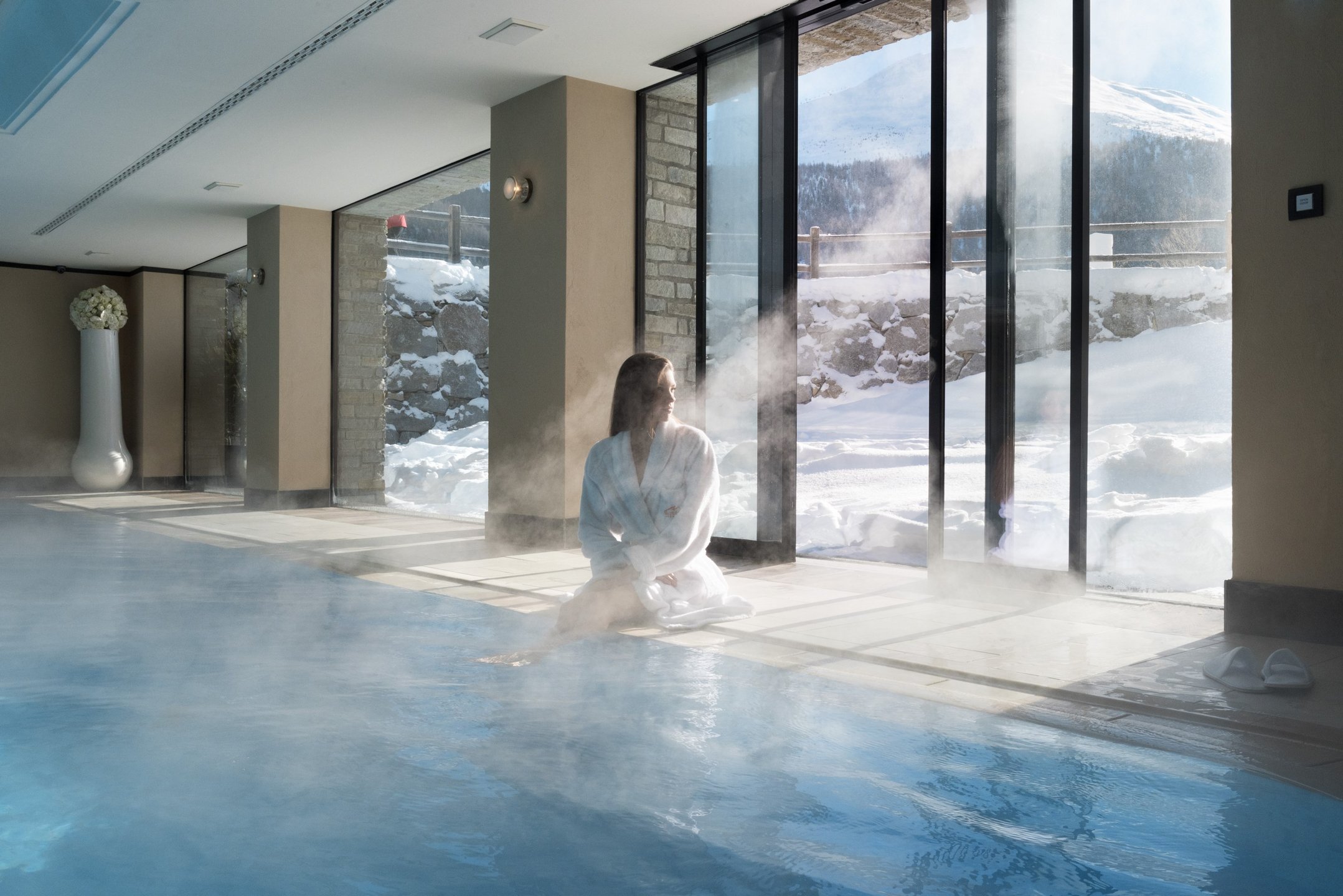 Indoor spa pool with mountain-facing windows, Lac Salin Spa & Mountain Resort, Livigno, Italy