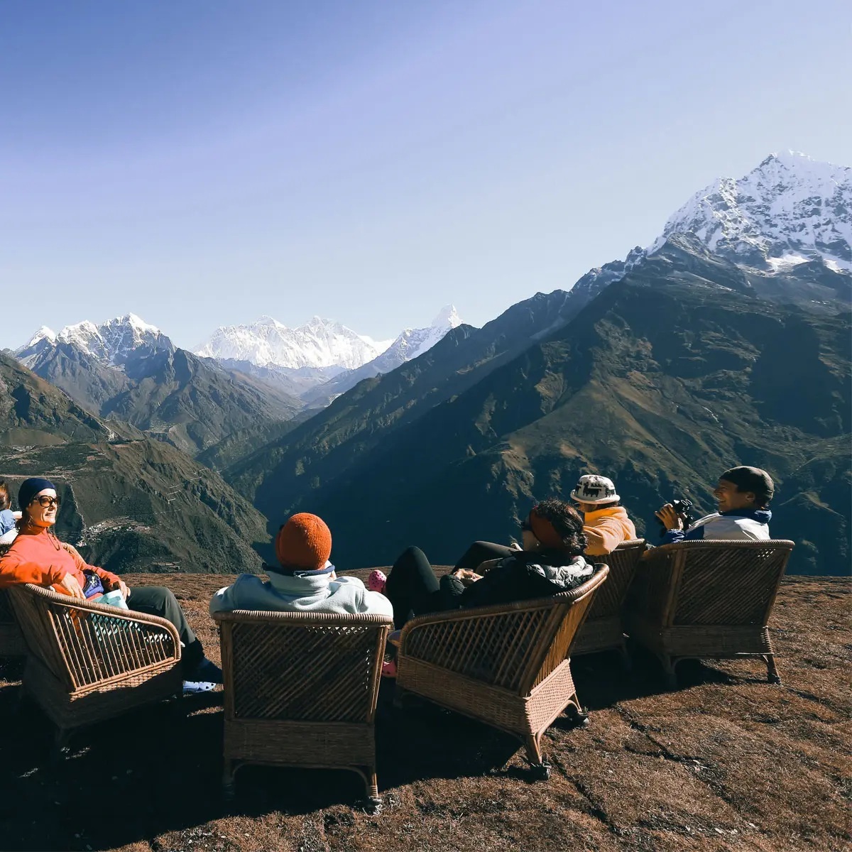 Outdoor seating overlooking a Himalayan mountain valley at Yeti Mountain Home, Everest Region (Khumbu), Nepal