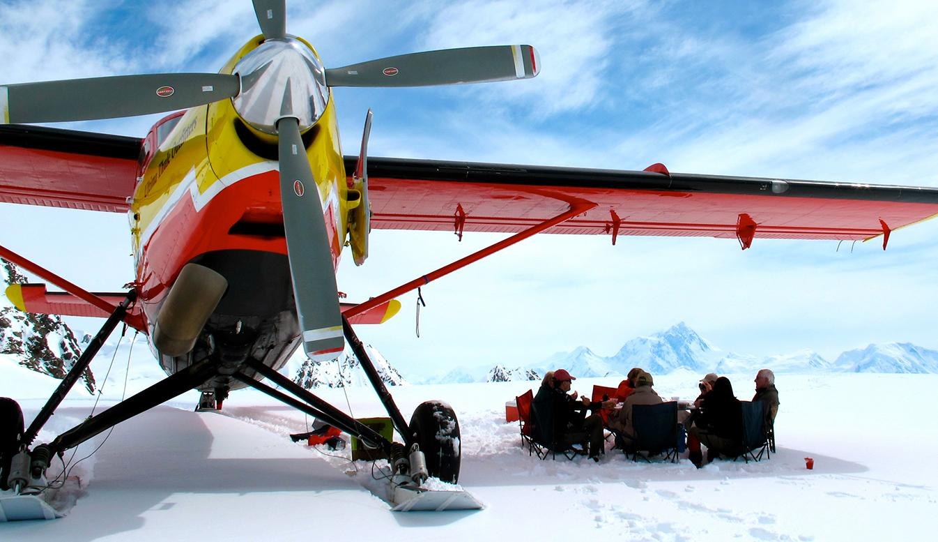 Ski-equipped bush plane parked on a glacier, Ultima Thule Lodge, Alaska, USA