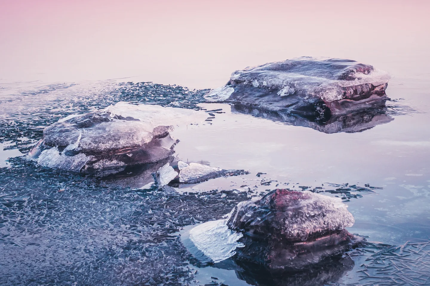 Arctic river landscape beside Arctic Bath in winter twilight, Harads, Swedish Lapland