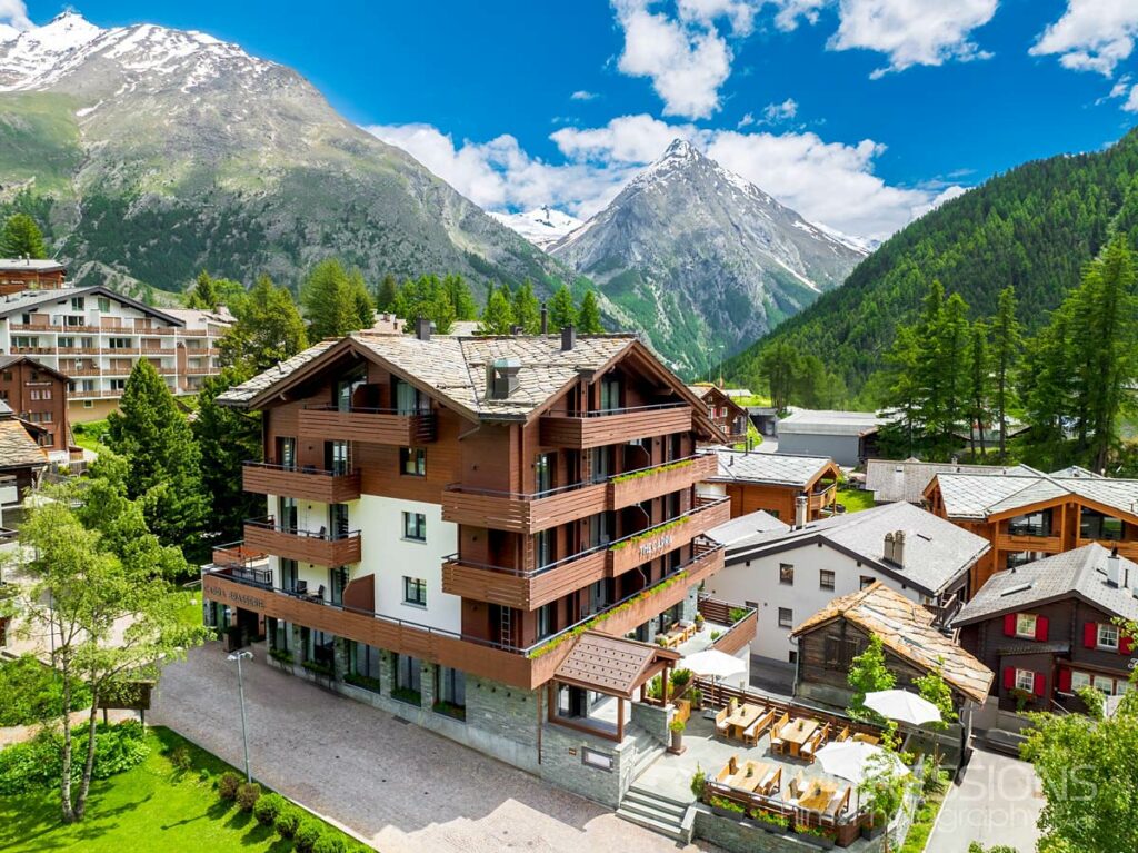 Hotel exterior in summer at The Capra, Saas-Fee, Switzerland