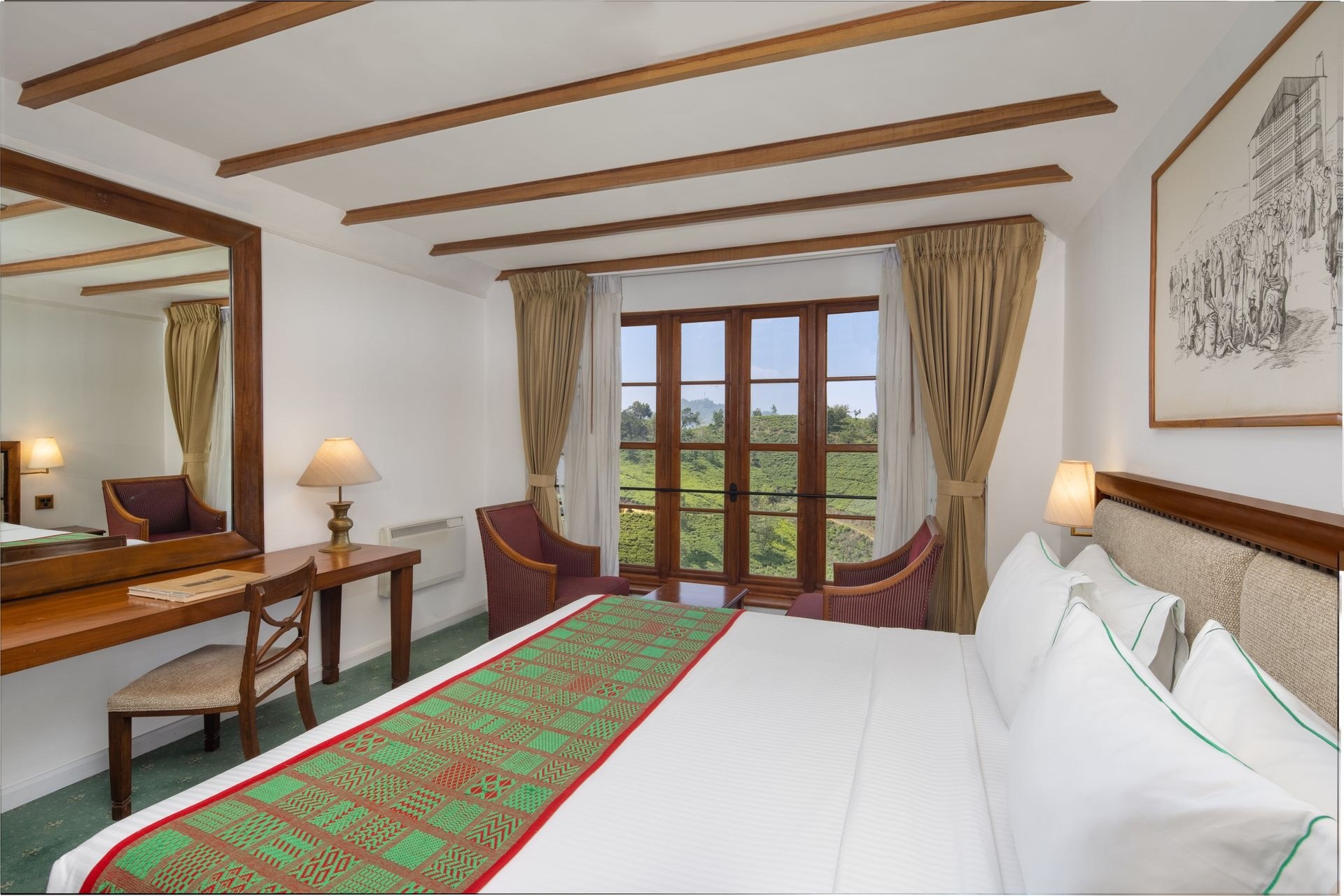 Guest room with a double bed and tea-covered hills visible through the window, Heritance Tea Factory