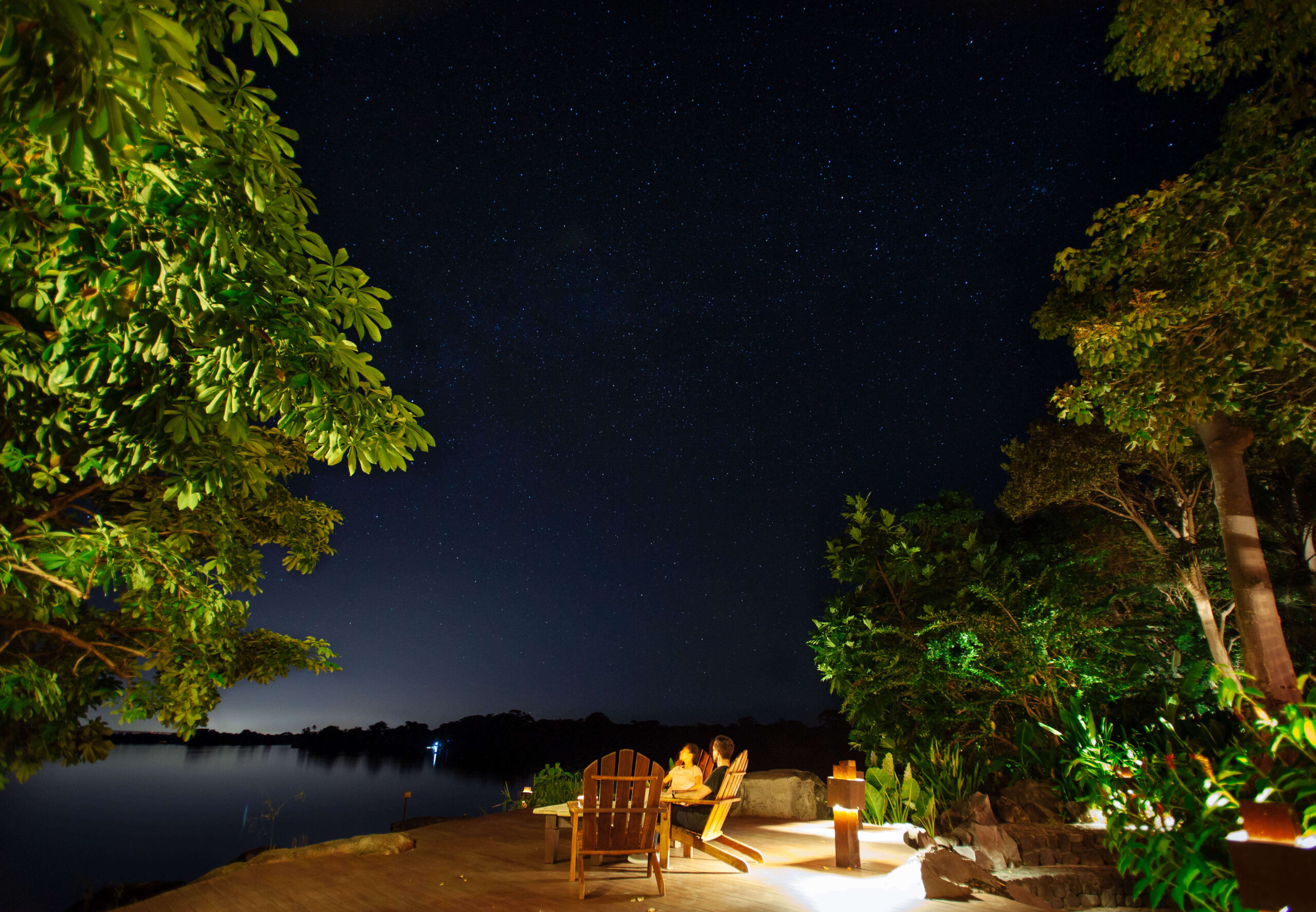 Lakeside lounge deck under a starry night sky, Jicaro Island Ecolodge, Lake Nicaragua, Granada, Nicaragua