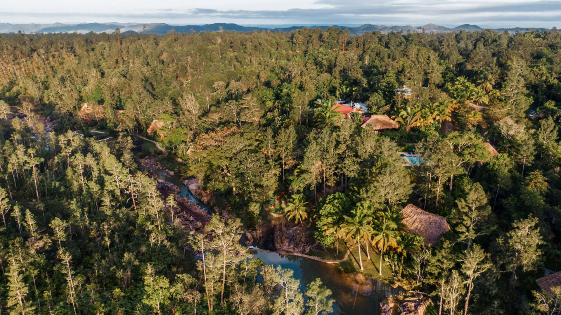 Aerial view of the forested river valley, Blancaneaux Lodge, Mountain Pine Ridge, Cayo, Belize