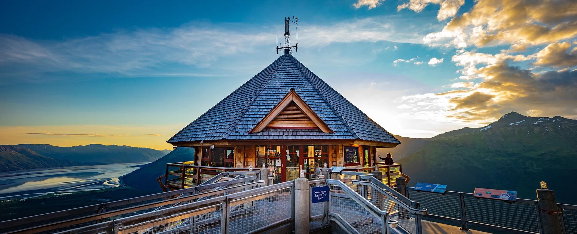 Mountaintop restaurant and viewing deck at sunset, Alyeska Resort, Alaska, USA