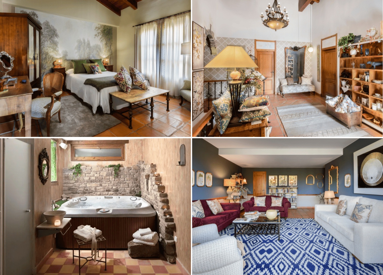 Published photographic collage showing a Barosse guest room, entrance hall, hot tub, and lounge, Jaca, Spain
