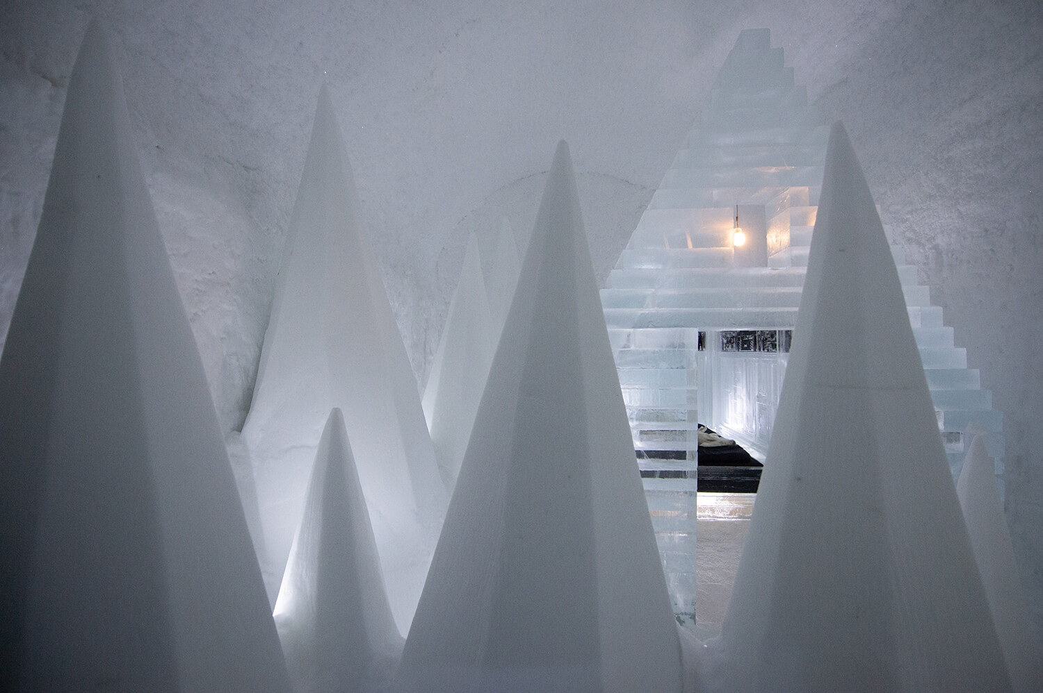 Angular ice sculptures inside an art suite at Icehotel, Jukkasjärvi, Swedish Lapland