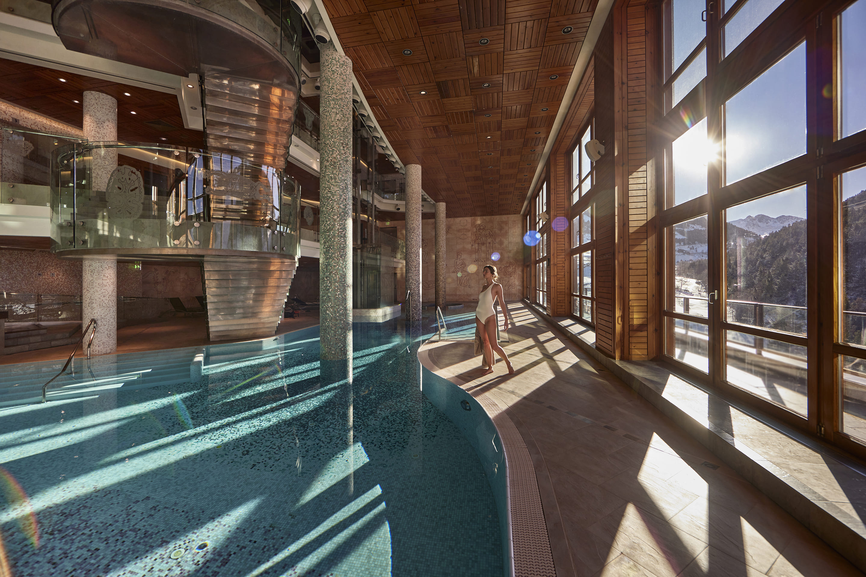 The outdoor pool at Sport Hotel Hermitage & Spa, with the Pyrenees beyond, Soldeu, Andorra