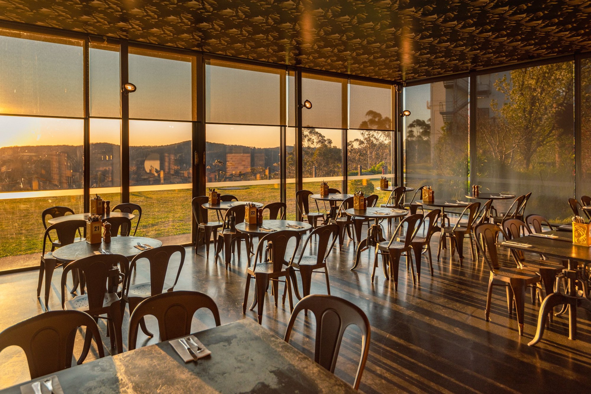 The Boiler House dining room at Hydro Majestic Hotel overlooking the valley